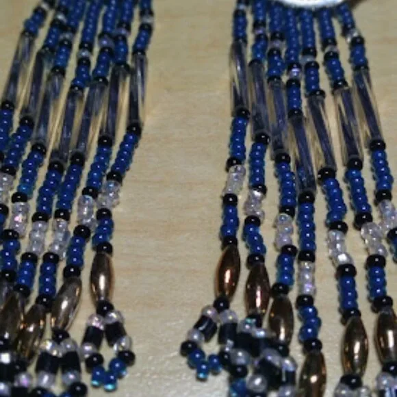 Silver Tone Blue Glass Beads Pierce Earrings 3" Long - Picture 6 of 10